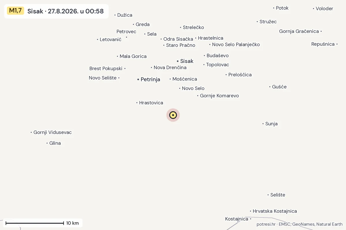 Karta: okolica epicentra, 60 km, potres M1,7, Sisak, 27.8.2026.