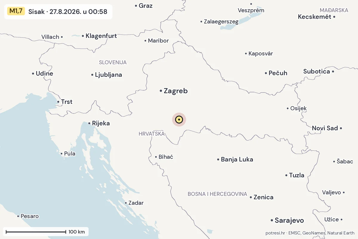 Karta: šire područje, 600 km, potres M1,7, Sisak, 27.8.2026.