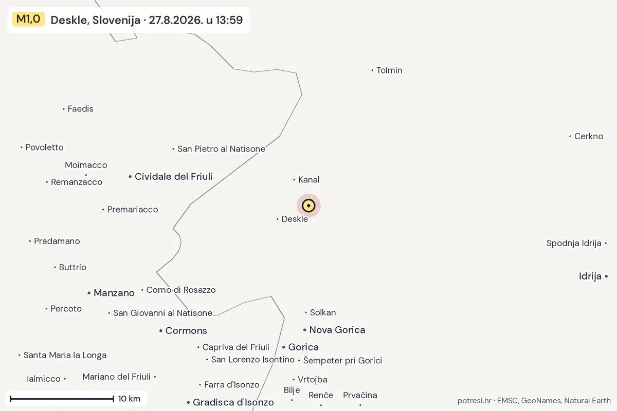 Karta: okolica epicentra, 60 km, potres M1,0, Deskle, Slovenija, 27.8.2026.