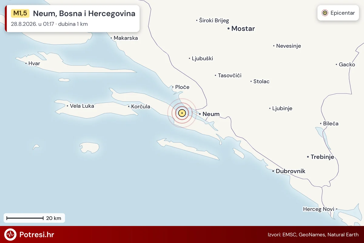 Karta: šire područje i vjerojatni doseg osjeta, potres M1,5, Neum, Bosna i Hercegovina, 28.8.2026.