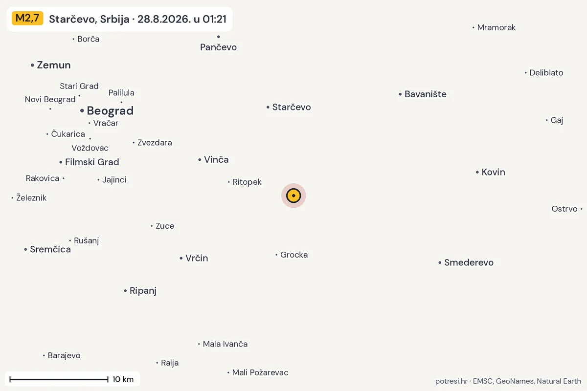 Karta: okolica epicentra, 60 km, potres M2,7, Starčevo, Srbija, 28.8.2026.