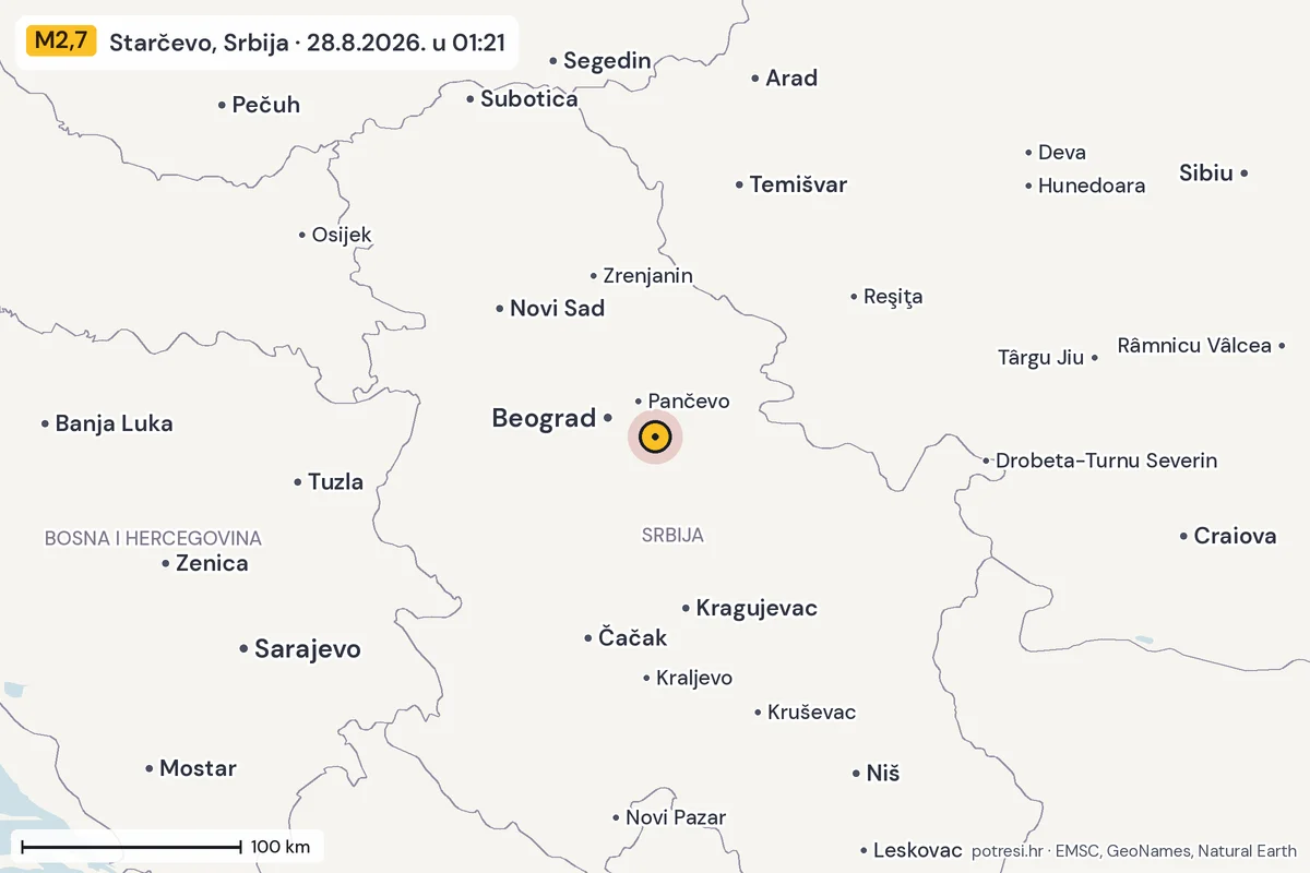 Karta: šire područje, 600 km, potres M2,7, Starčevo, Srbija, 28.8.2026.