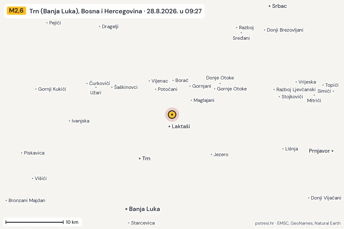 Karta: okolica epicentra, 60 km, potres M2,6, Trn (Banja Luka), Bosna i Hercegovina, 28.8.2026.