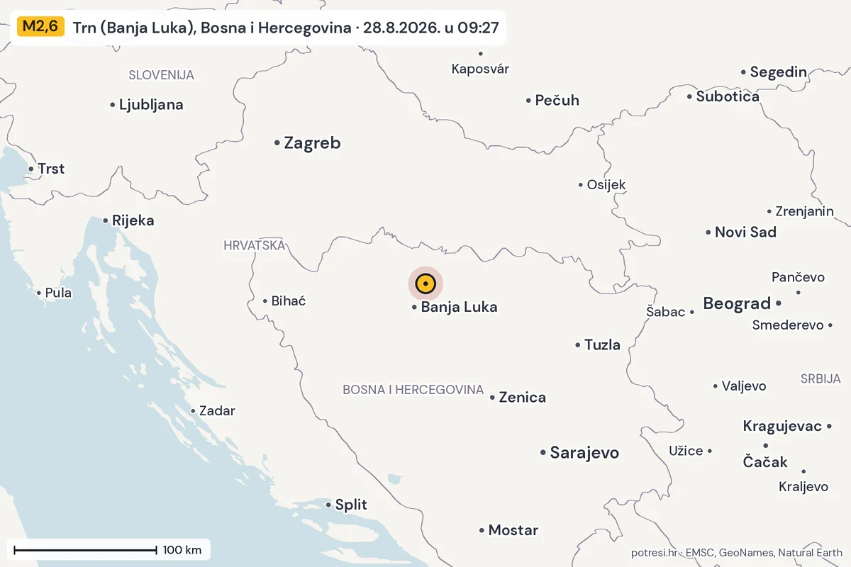 Karta: šire područje, 600 km, potres M2,6, Trn (Banja Luka), Bosna i Hercegovina, 28.8.2026.