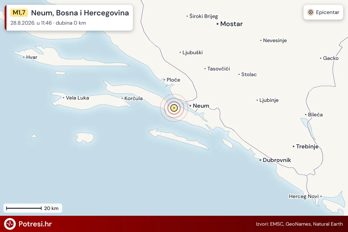 Karta: šire područje i vjerojatni doseg osjeta, potres M1,7, Neum, Bosna i Hercegovina, 28.8.2026.