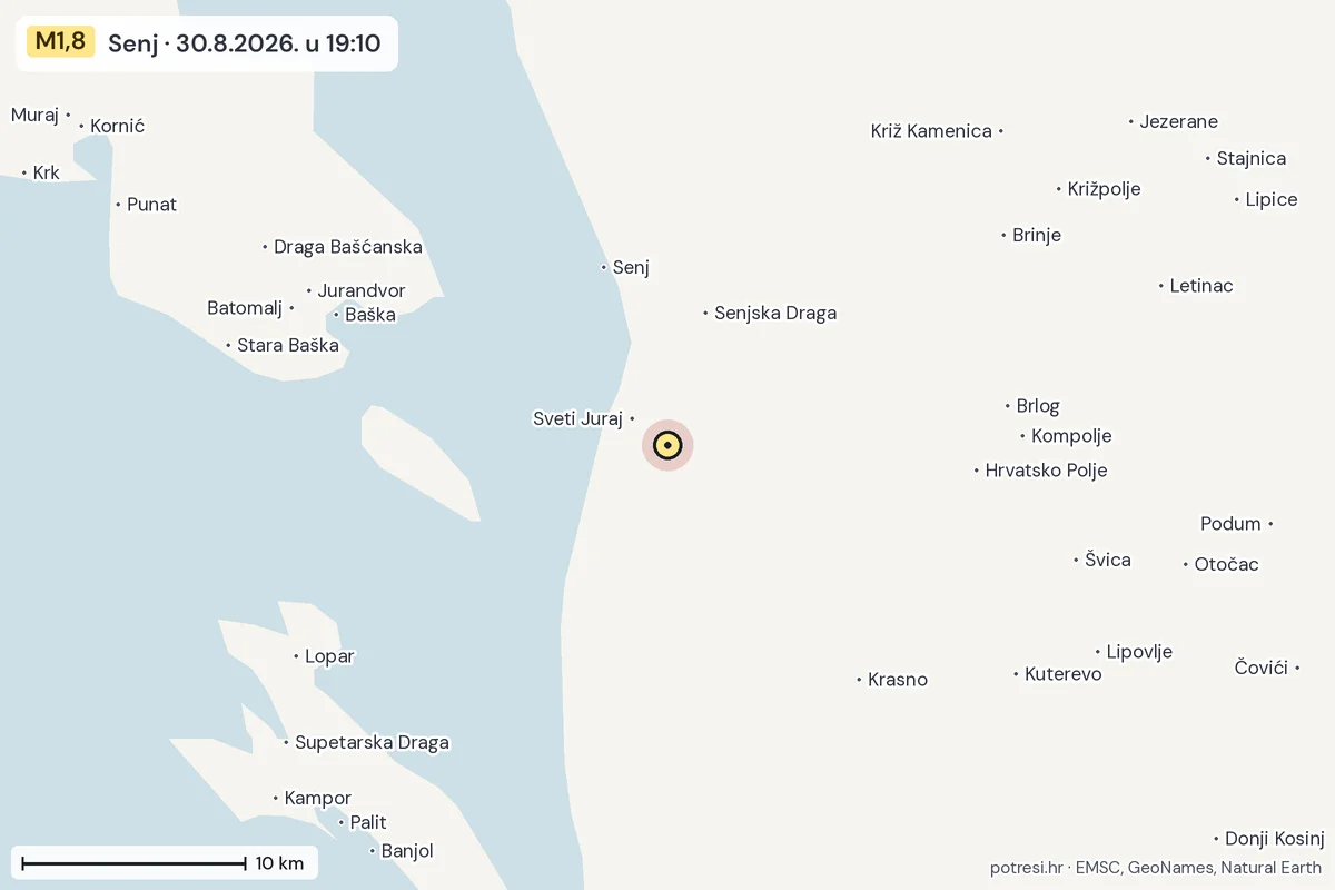 Karta: okolica epicentra, 60 km, potres M1,8, Senj, 30.8.2026.