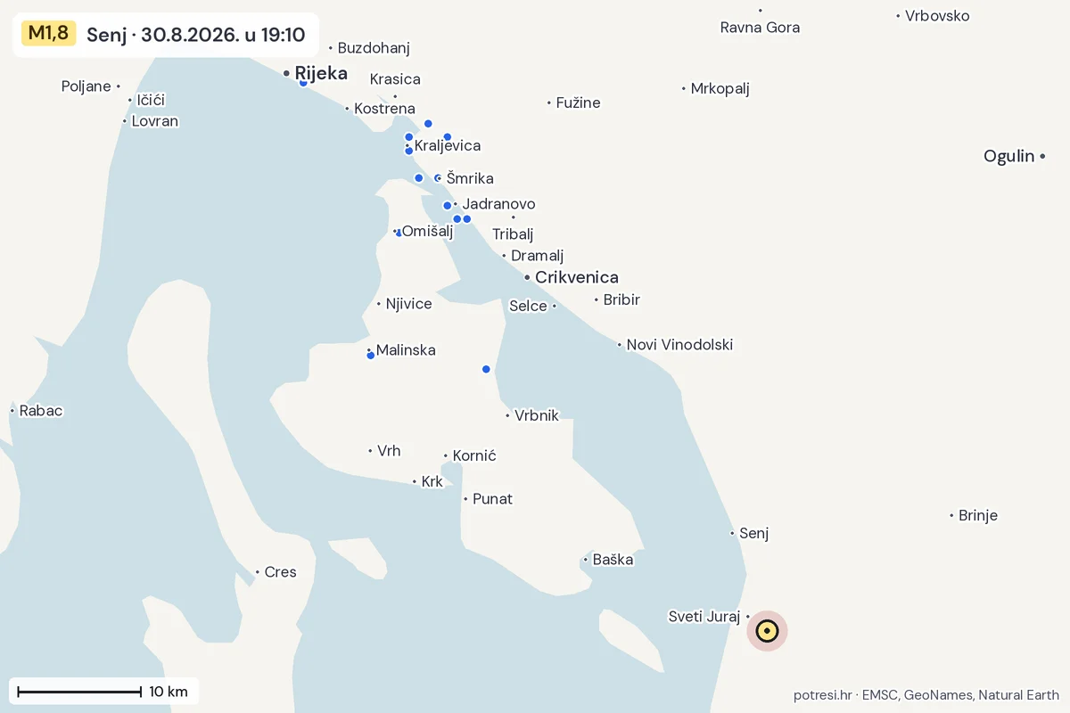 Karta: izvješća građana, potres M1,8, Senj, 30.8.2026.
