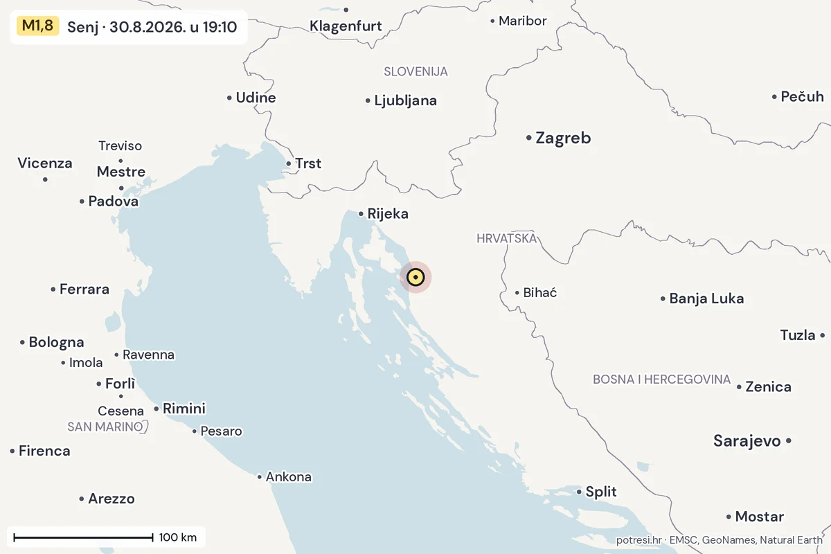 Karta: šire područje, 600 km, potres M1,8, Senj, 30.8.2026.