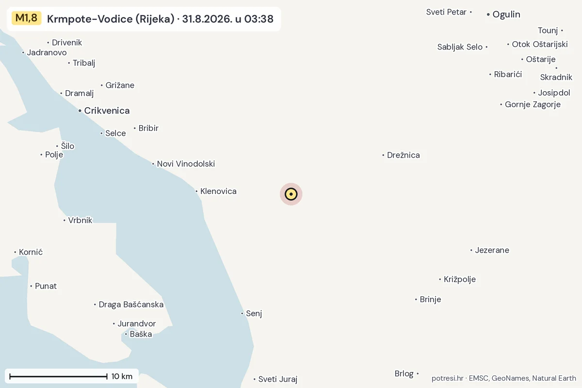 Karta: okolica epicentra, 60 km, potres M1,8, Krmpote-Vodice (Rijeka), 31.8.2026.