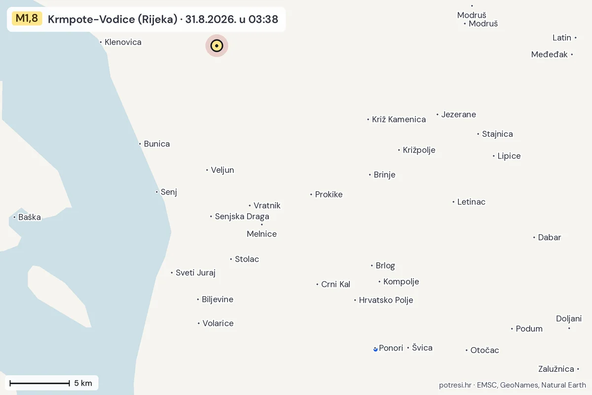 Karta: izvješća građana, potres M1,8, Krmpote-Vodice (Rijeka), 31.8.2026.