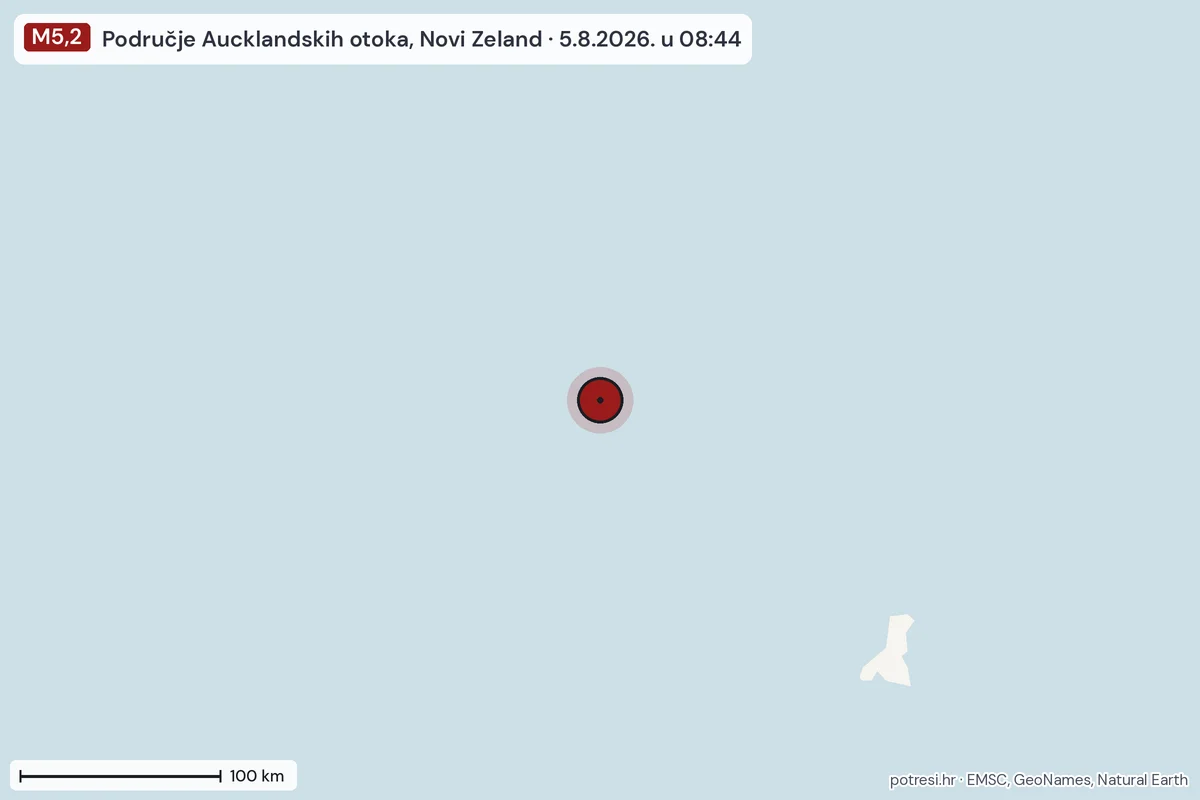 Karta: šire područje, 600 km, potres M5,2, Područje Aucklandskih otoka, Novi Zeland, 5.8.2026.