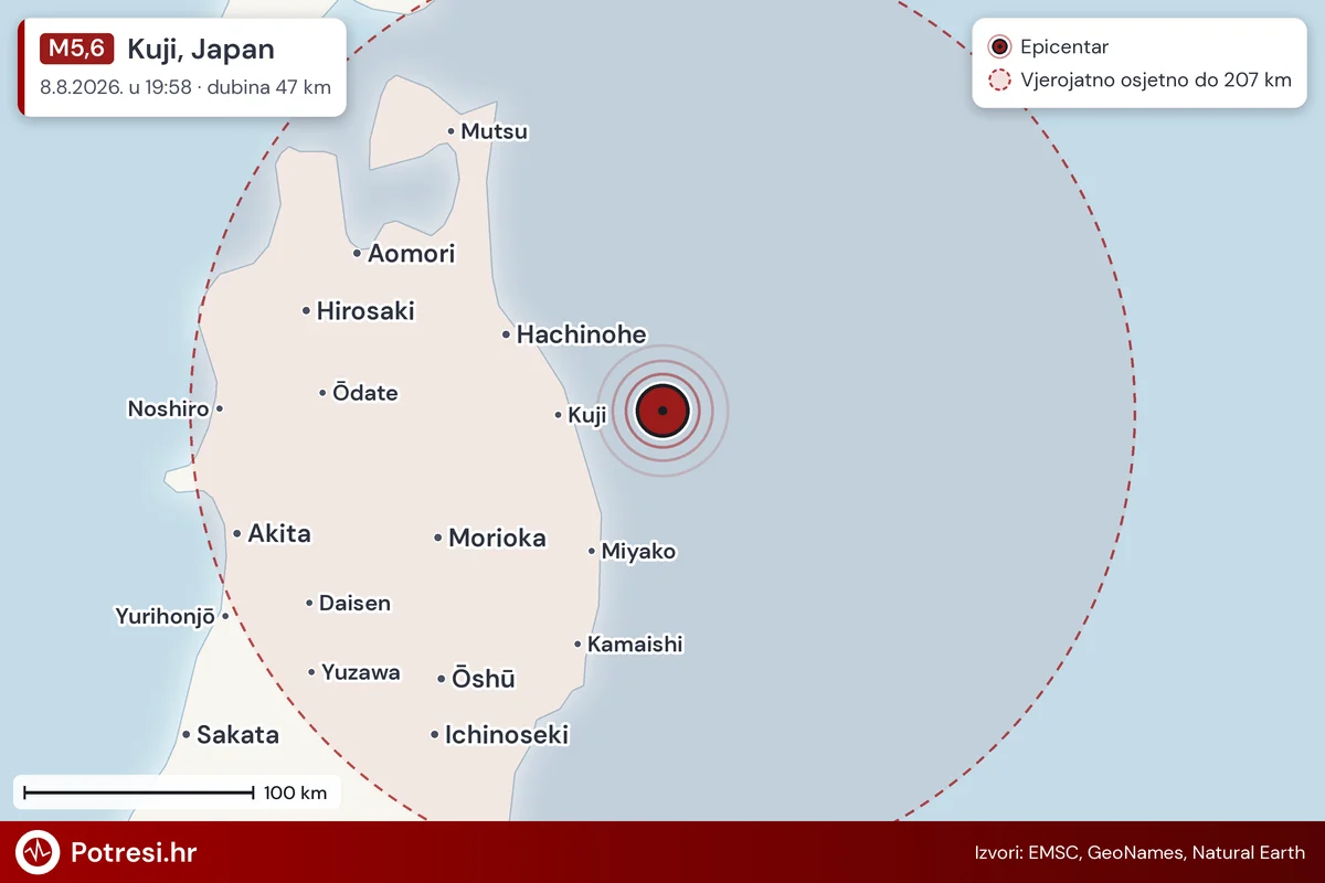 Karta: šire područje i vjerojatni doseg osjeta, potres M5,6, Kuji, Japan, 8.8.2026.