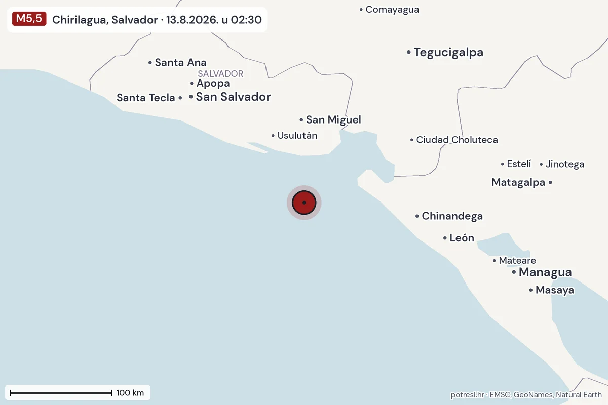 Karta: šire područje, 600 km, potres M5,5, Chirilagua, Salvador, 13.8.2026.