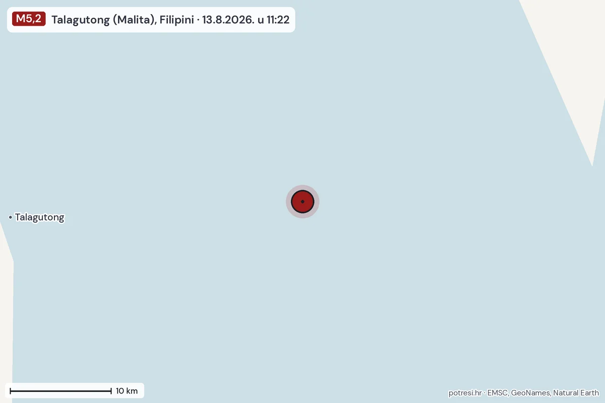 Karta: okolica epicentra, 60 km, potres M5,2, Talagutong (Malita), Filipini, 13.8.2026.