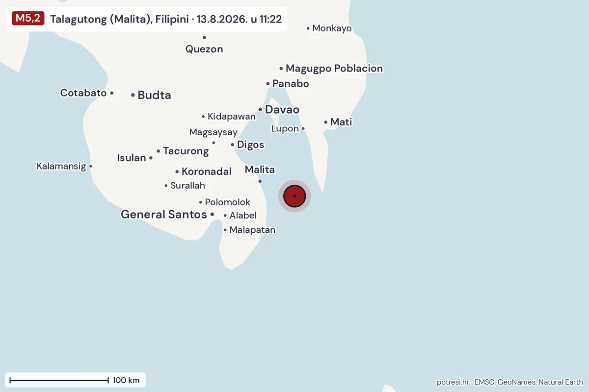 Karta: šire područje, 600 km, potres M5,2, Talagutong (Malita), Filipini, 13.8.2026.