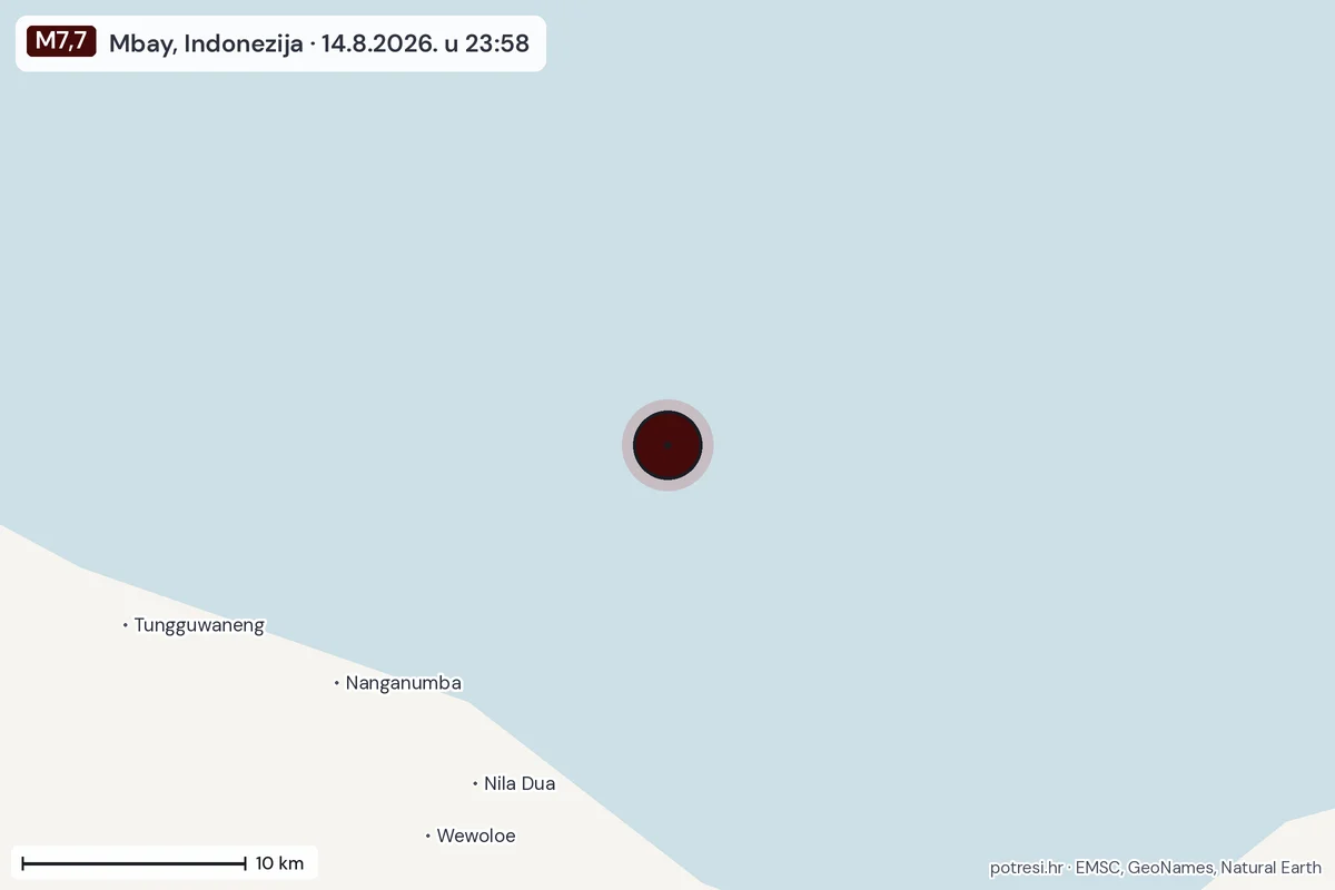 Karta: okolica epicentra, 60 km, potres M7,7, Mbay, Indonezija, 14.8.2026.