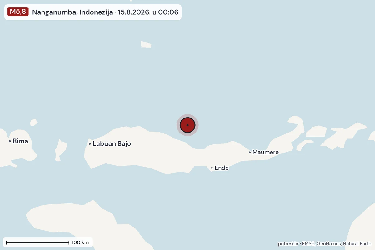 Karta: šire područje, 600 km, potres M5,8, Nanganumba, Indonezija, 15.8.2026.