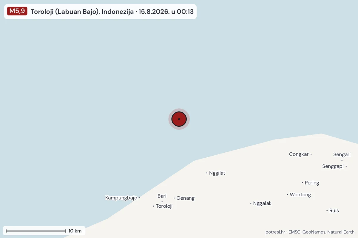Karta: okolica epicentra, 60 km, potres M5,9, Toroloji (Labuan Bajo), Indonezija, 15.8.2026.