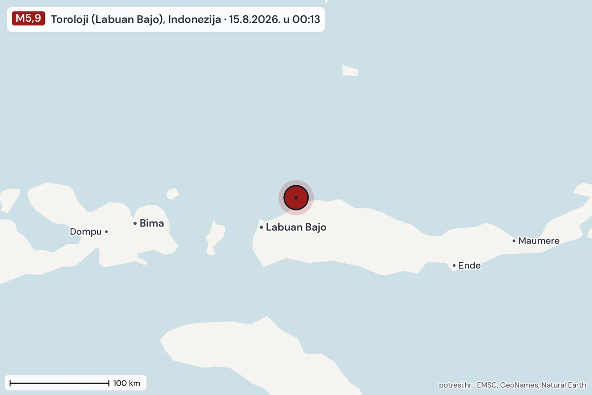 Karta: šire područje, 600 km, potres M5,9, Toroloji (Labuan Bajo), Indonezija, 15.8.2026.