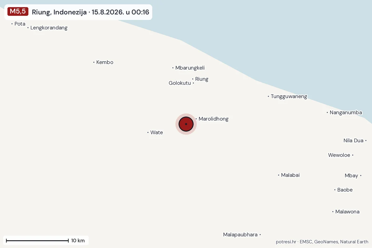 Karta: okolica epicentra, 60 km, potres M5,5, Riung, Indonezija, 15.8.2026.