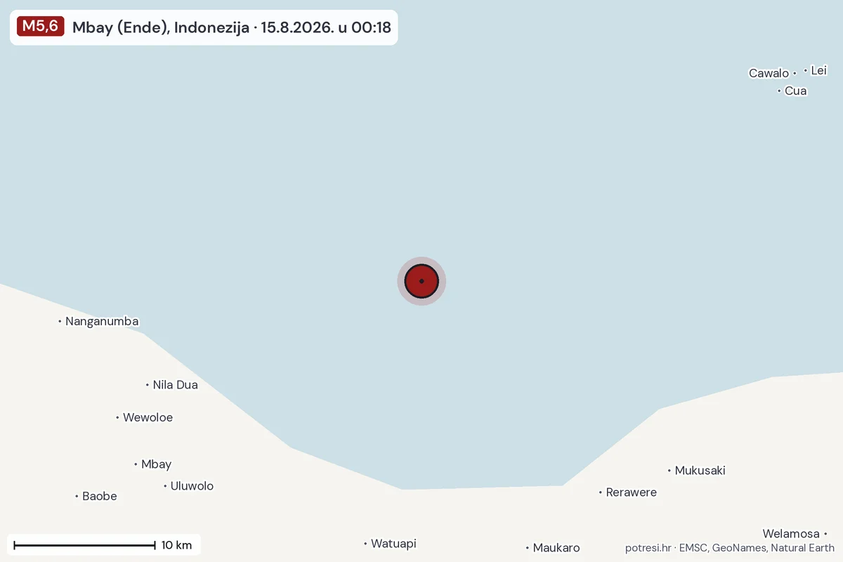 Karta: okolica epicentra, 60 km, potres M5,6, Mbay (Ende), Indonezija, 15.8.2026.