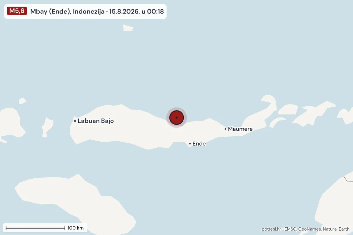 Karta: šire područje, 600 km, potres M5,6, Mbay (Ende), Indonezija, 15.8.2026.