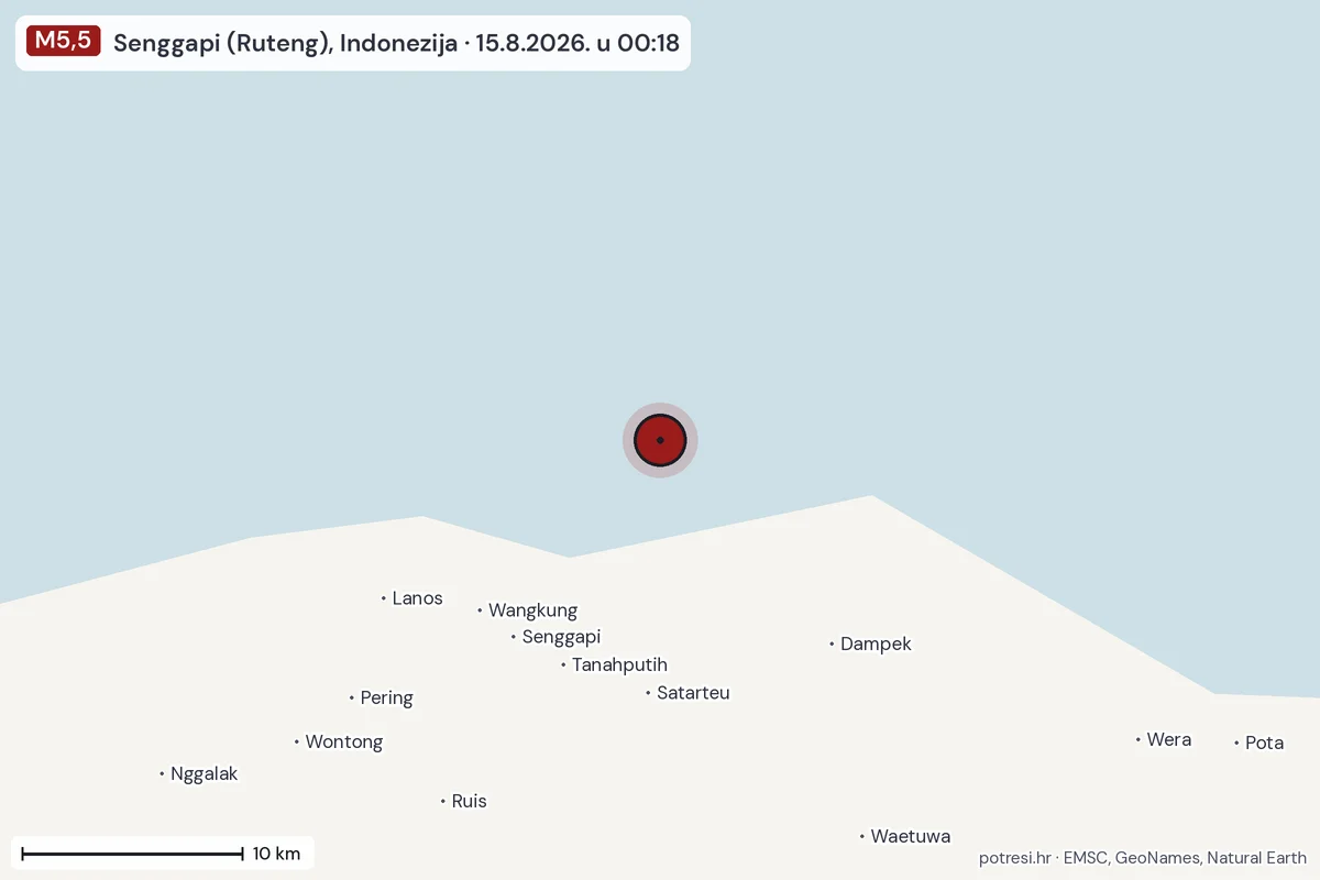 Karta: okolica epicentra, 60 km, potres M5,5, Senggapi (Ruteng), Indonezija, 15.8.2026.