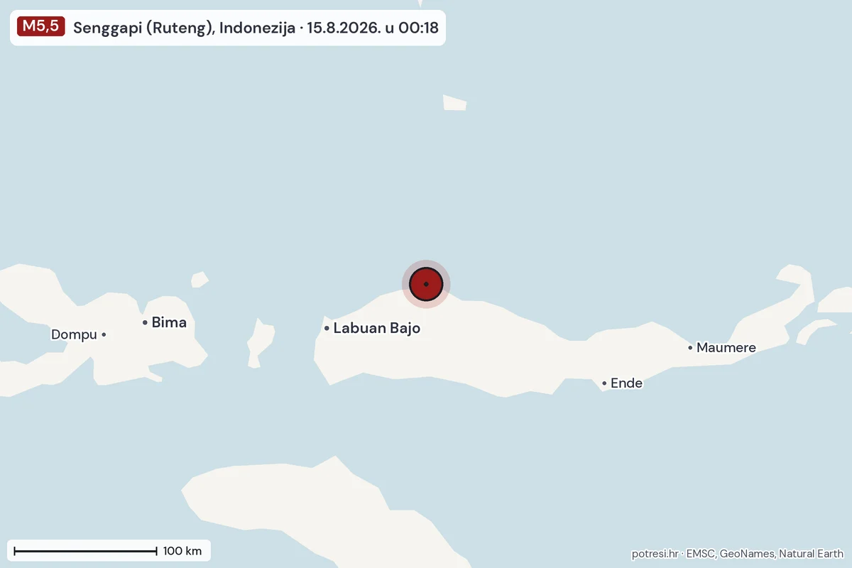 Karta: šire područje, 600 km, potres M5,5, Senggapi (Ruteng), Indonezija, 15.8.2026.