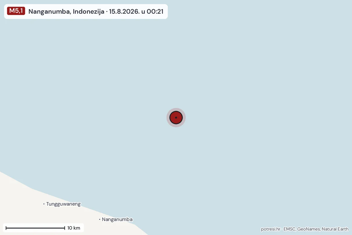 Karta: okolica epicentra, 60 km, potres M5,1, Nanganumba, Indonezija, 15.8.2026.