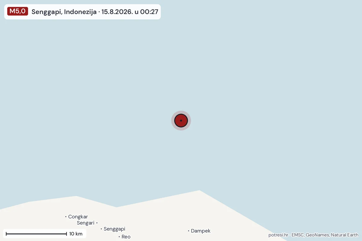 Karta: okolica epicentra, 60 km, potres M5,0, Senggapi, Indonezija, 15.8.2026.