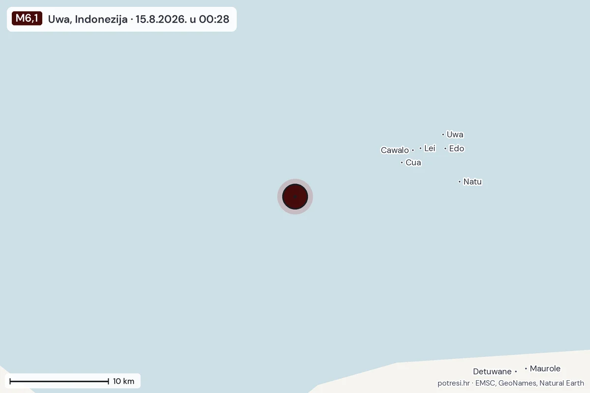 Karta: okolica epicentra, 60 km, potres M6,1, Uwa, Indonezija, 15.8.2026.