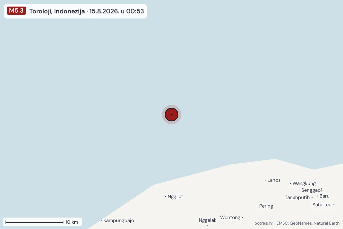 Karta: okolica epicentra, 60 km, potres M5,3, Toroloji, Indonezija, 15.8.2026.