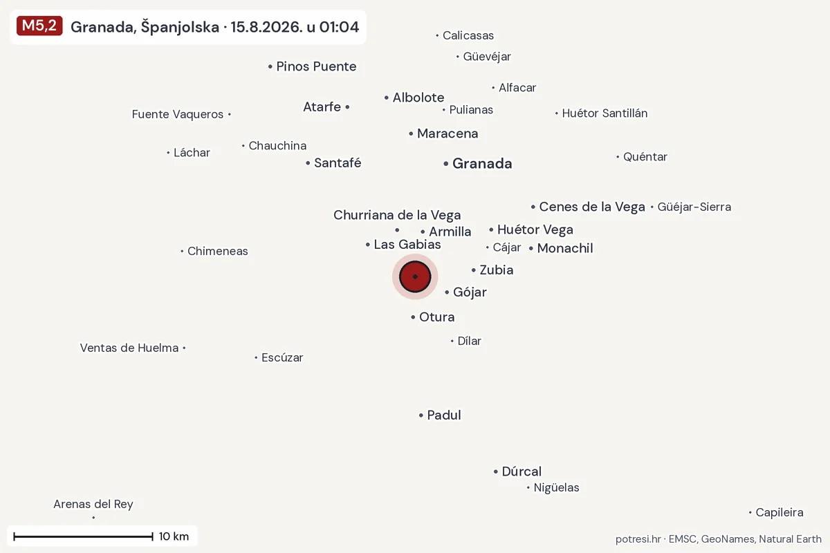 Karta: okolica epicentra, 60 km, potres M5,2, Granada, Španjolska, 15.8.2026.