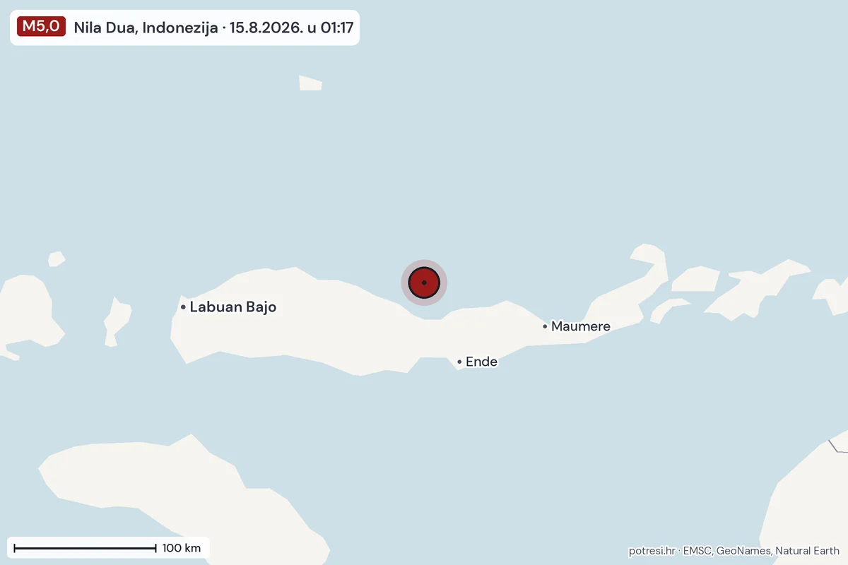 Karta: šire područje, 600 km, potres M5,0, Nila Dua, Indonezija, 15.8.2026.