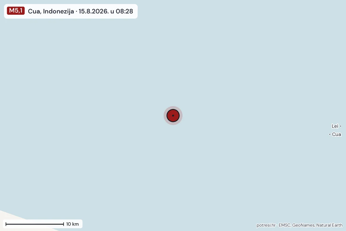 Karta: okolica epicentra, 60 km, potres M5,1, Cua, Indonezija, 15.8.2026.