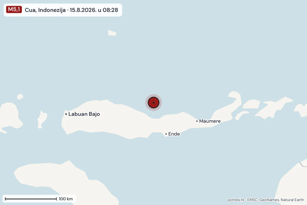 Karta: šire područje, 600 km, potres M5,1, Cua, Indonezija, 15.8.2026.