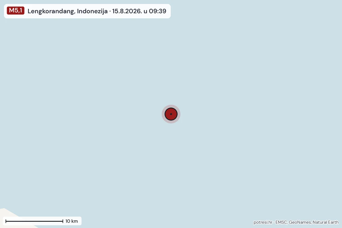 Karta: okolica epicentra, 60 km, potres M5,1, Lengkorandang, Indonezija, 15.8.2026.