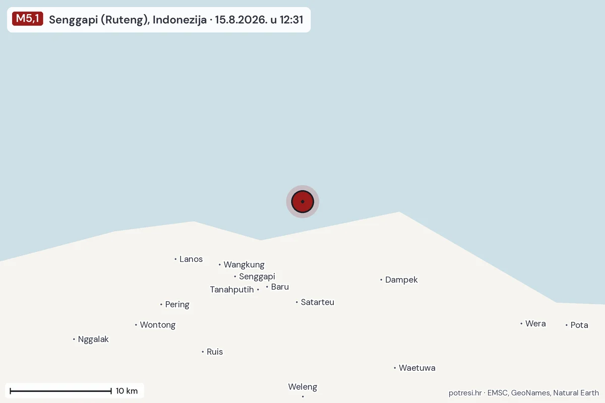 Karta: okolica epicentra, 60 km, potres M5,1, Senggapi (Ruteng), Indonezija, 15.8.2026.