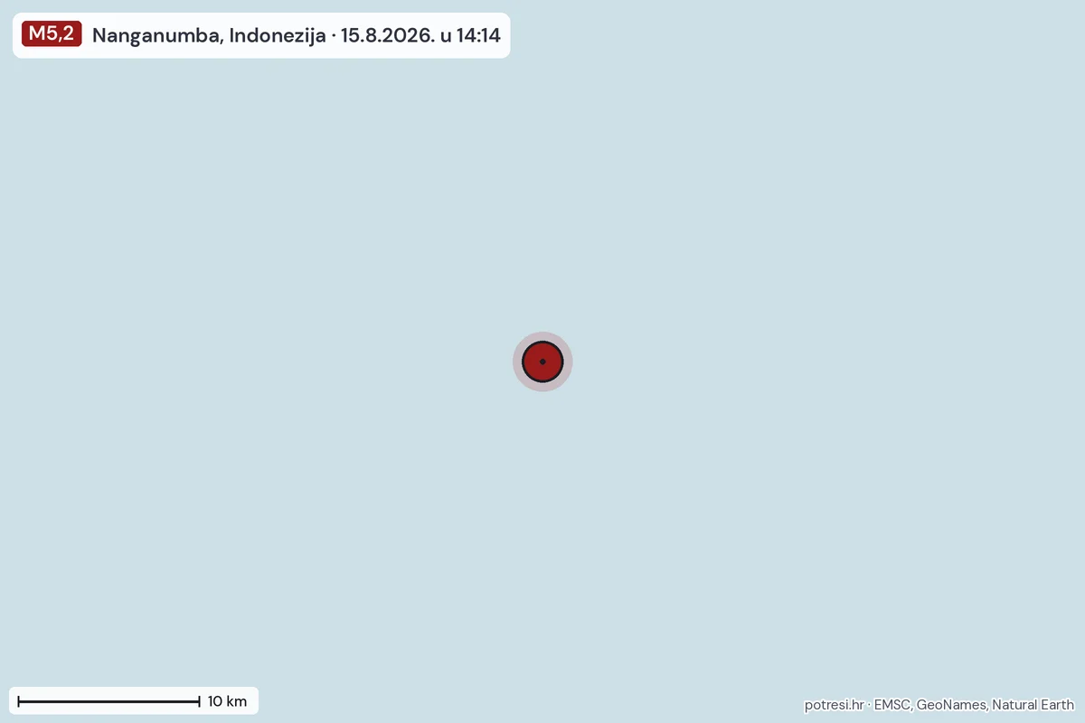 Karta: okolica epicentra, 60 km, potres M5,2, Nanganumba, Indonezija, 15.8.2026.