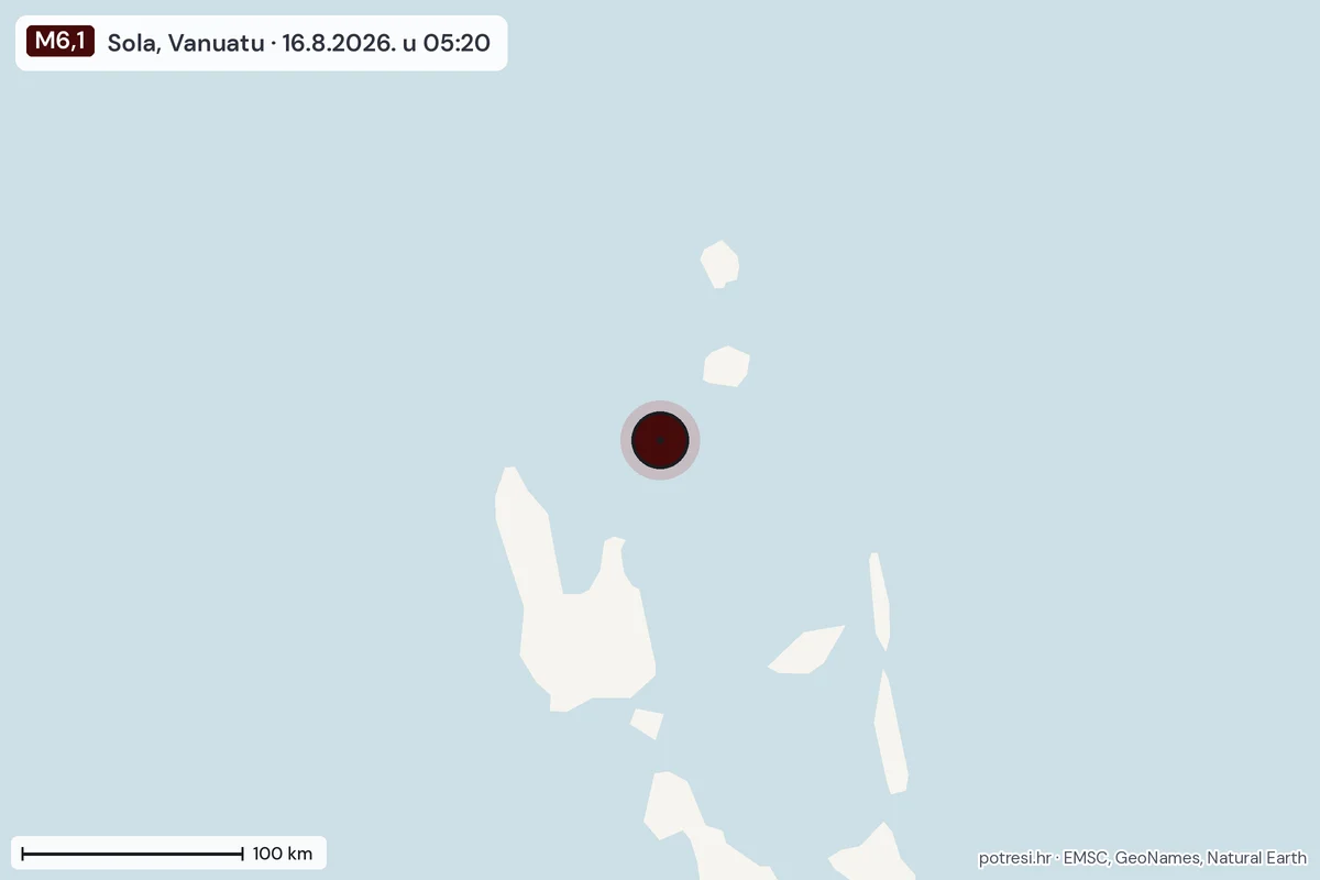 Karta: šire područje, 600 km, potres M6,1, Sola, Vanuatu, 16.8.2026.