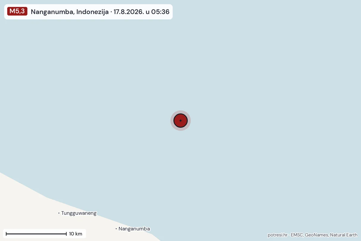 Karta: okolica epicentra, 60 km, potres M5,3, Nanganumba, Indonezija, 17.8.2026.