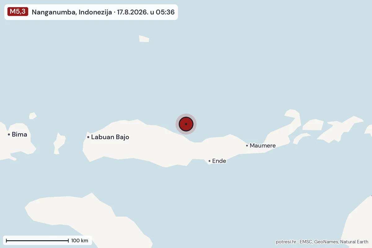 Karta: šire područje, 600 km, potres M5,3, Nanganumba, Indonezija, 17.8.2026.