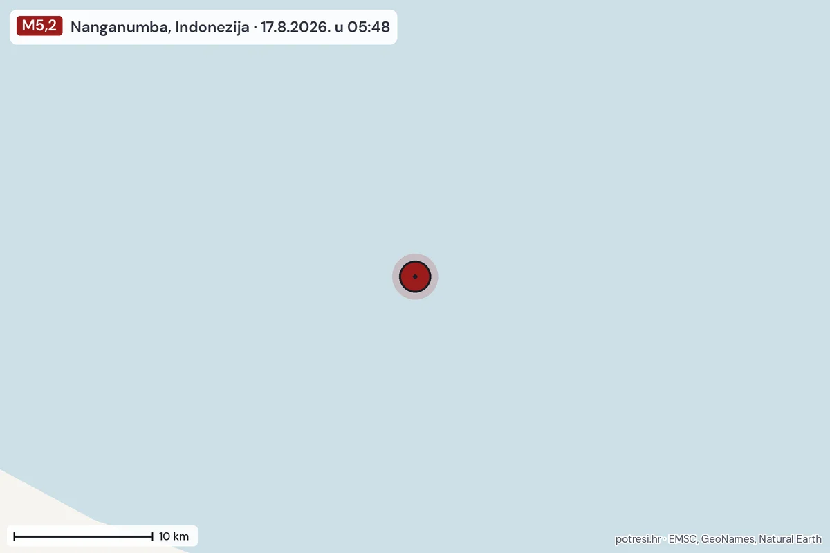 Karta: okolica epicentra, 60 km, potres M5,2, Nanganumba, Indonezija, 17.8.2026.