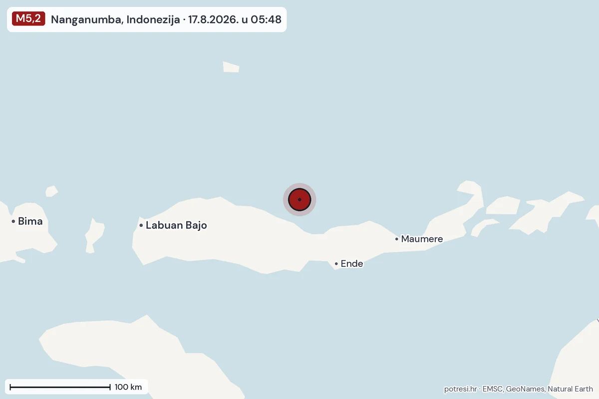 Karta: šire područje, 600 km, potres M5,2, Nanganumba, Indonezija, 17.8.2026.