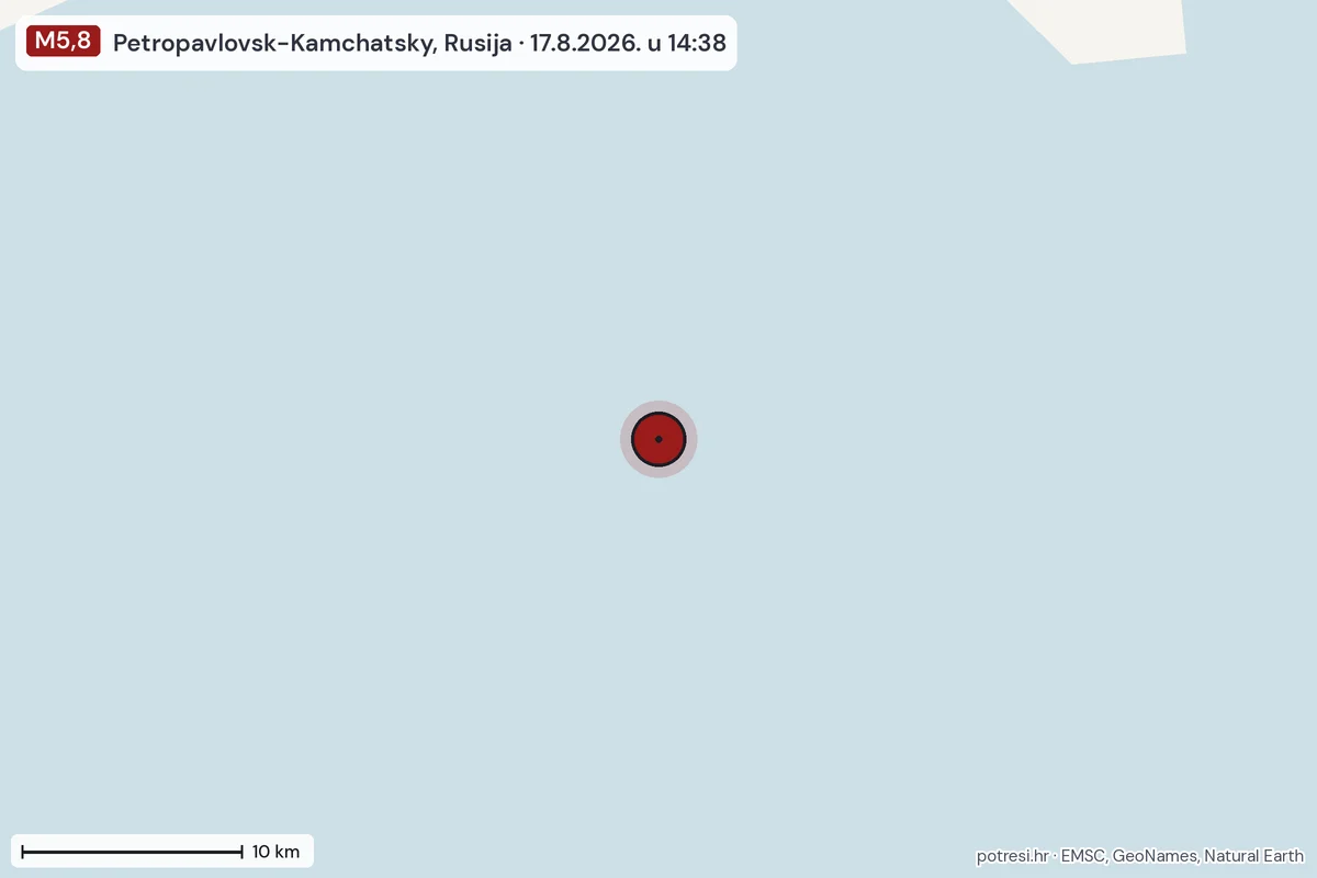 Karta: okolica epicentra, 60 km, potres M5,8, Petropavlovsk-Kamchatsky, Rusija, 17.8.2026.