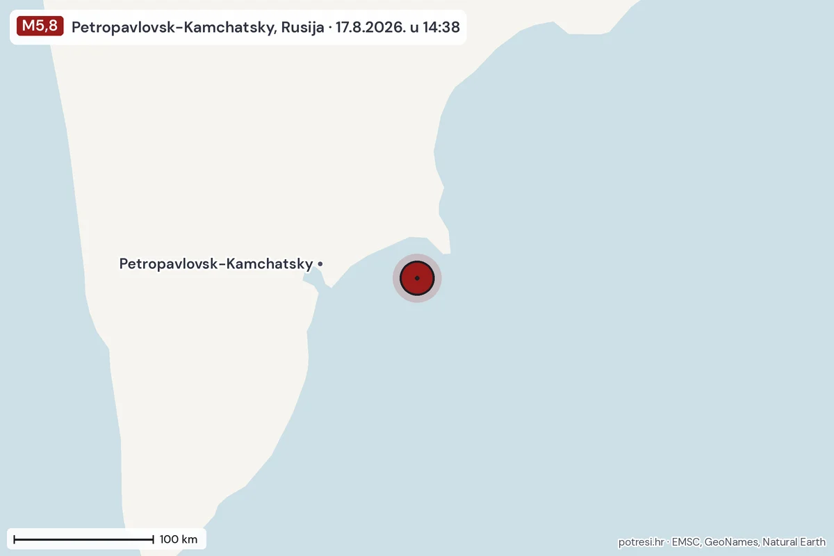 Karta: šire područje, 600 km, potres M5,8, Petropavlovsk-Kamchatsky, Rusija, 17.8.2026.