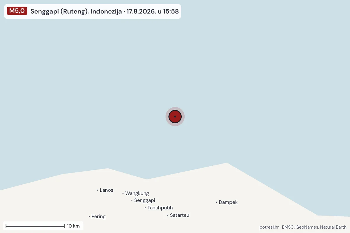 Karta: okolica epicentra, 60 km, potres M5,0, Senggapi (Ruteng), Indonezija, 17.8.2026.