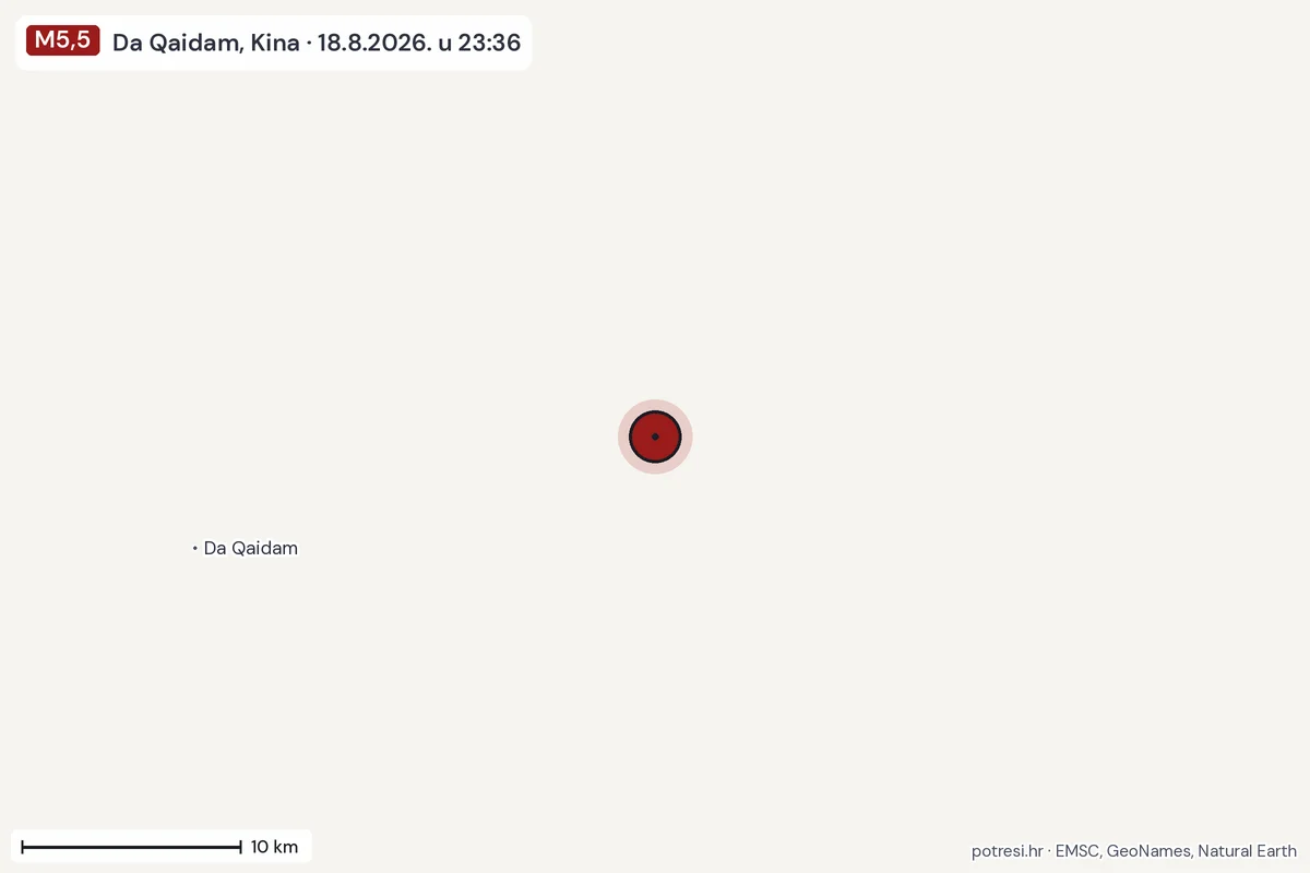 Karta: okolica epicentra, 60 km, potres M5,5, Da Qaidam, Kina, 18.8.2026.