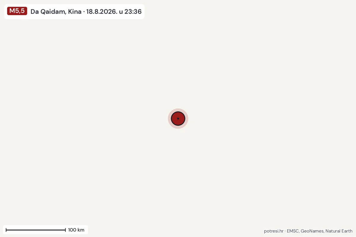 Karta: šire područje, 600 km, potres M5,5, Da Qaidam, Kina, 18.8.2026.