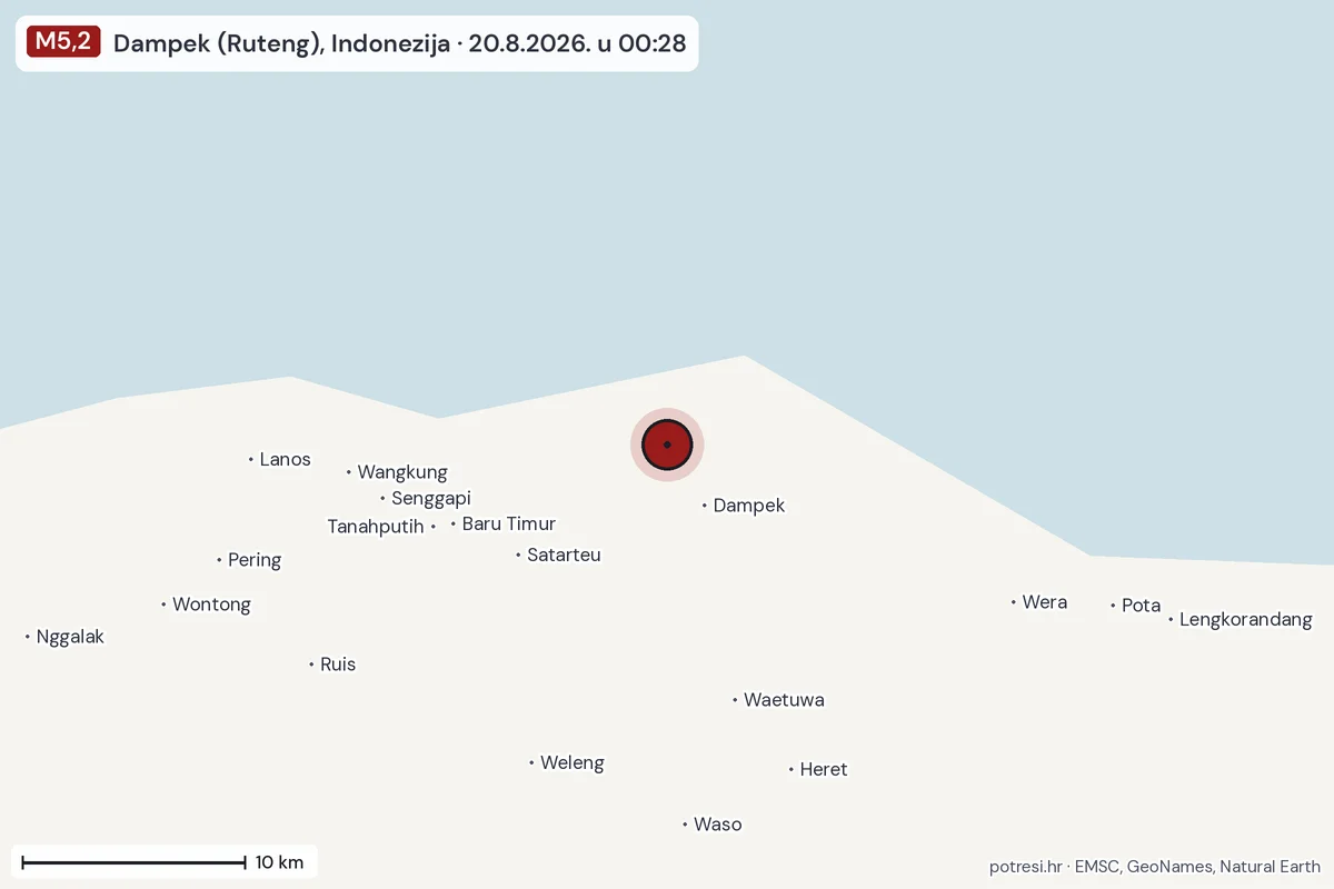 Karta: okolica epicentra, 60 km, potres M5,2, Dampek (Ruteng), Indonezija, 20.8.2026.